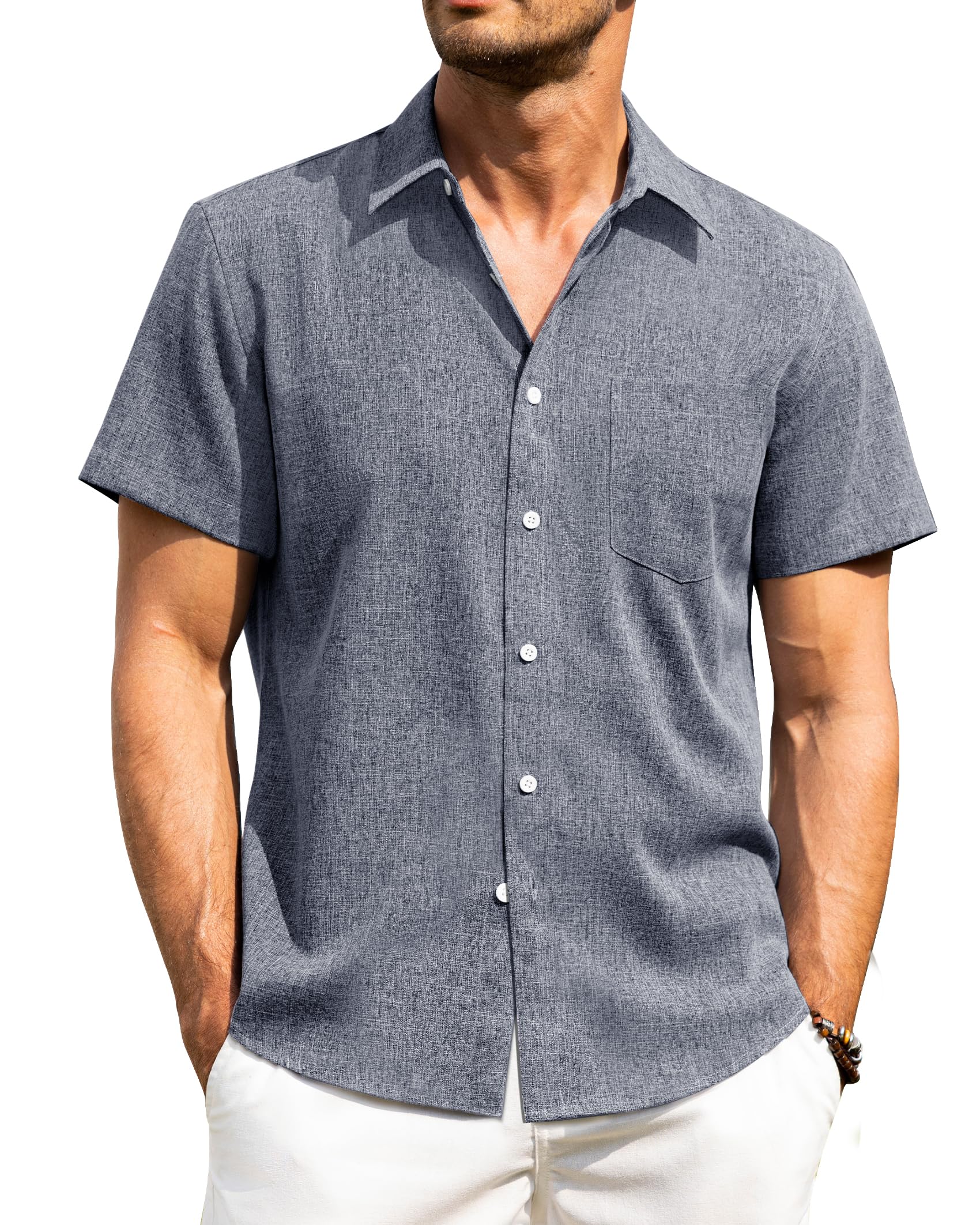 Alimens & Gentle Camicia da Uomo in Lino, a Maniche Corte, Senza Pieghe, Casual,