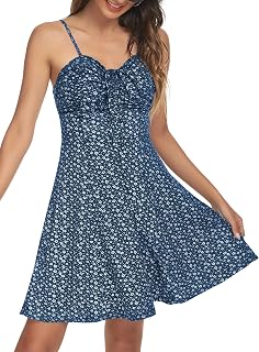 Missufe Women's Casual Ruched Front Drawstring Swing Sundress Spaghetti Strap Floral Mini Dress