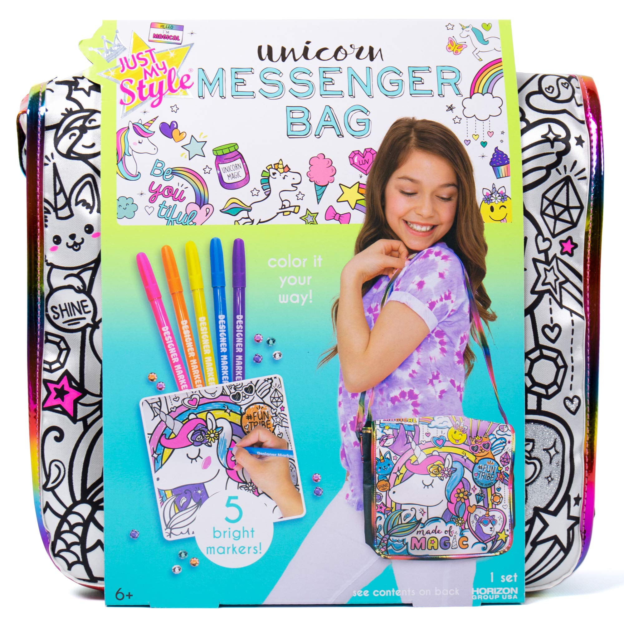 Just My Style Color Your Own Unicorn, Personalized Doodle Messenger Bag with Adj