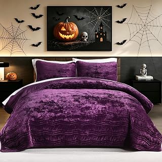 Luxurious Velvet Queen Size Comforter Set,Purple Wave Pattern Quilt