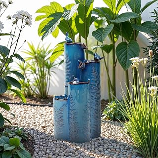 Ultym 32" Outdoor Water Fountain, Ceramic Outdoor Fountain, Stacked 4-Tier Vase Waterfalls for Garden, Patio, Yard, or Porch Decor, Creating Relaxing Serene Oasis, Embossed Leaf Pattern, Turquoise