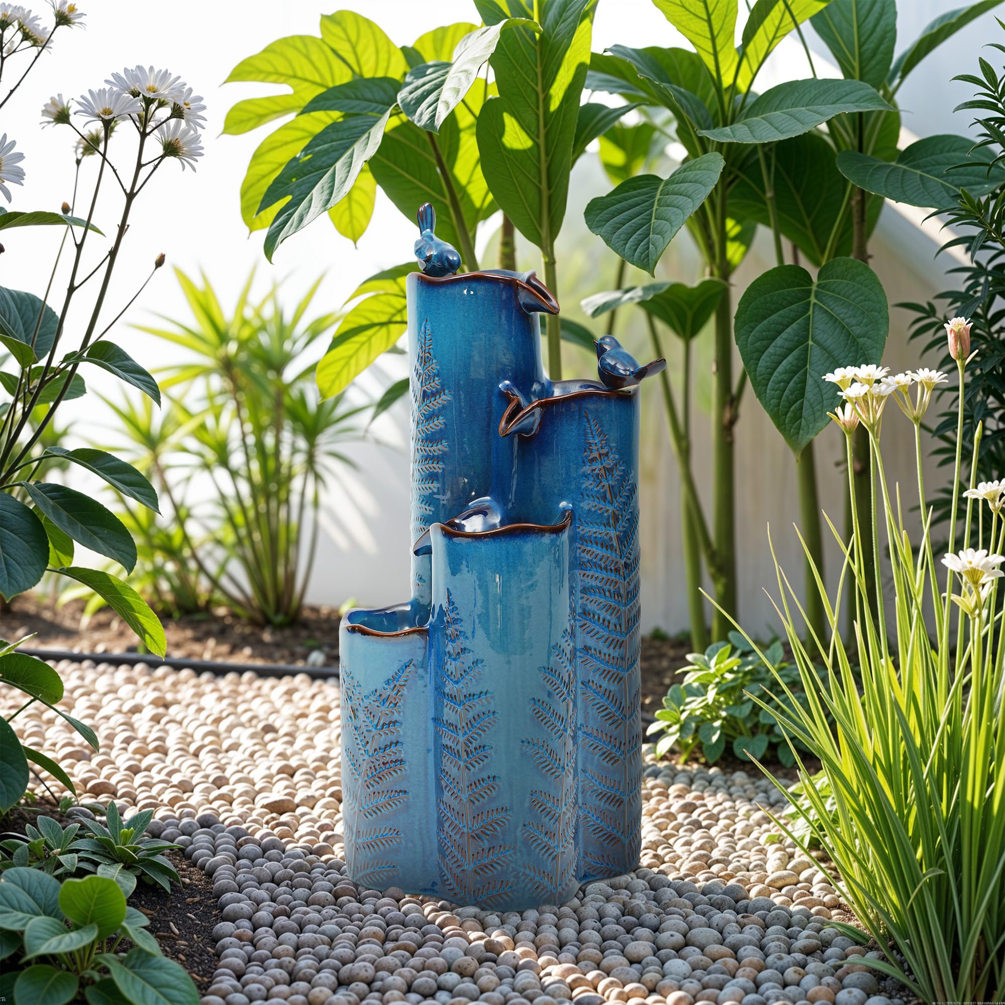 Ultym 32" Outdoor Water Fountain, Ceramic Outdoor Fountain, Stacked 4-Tier Vase 