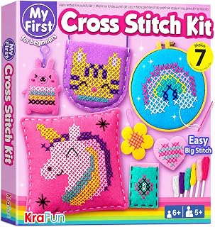 KRAFUN Cross Stitch Kit for Kids Age 5+ | 7 Beginner Projects | 7 embroidery projects: keyring, bag, pillow, coaster, card holder & wall art. Felt craft gift for girls & boys