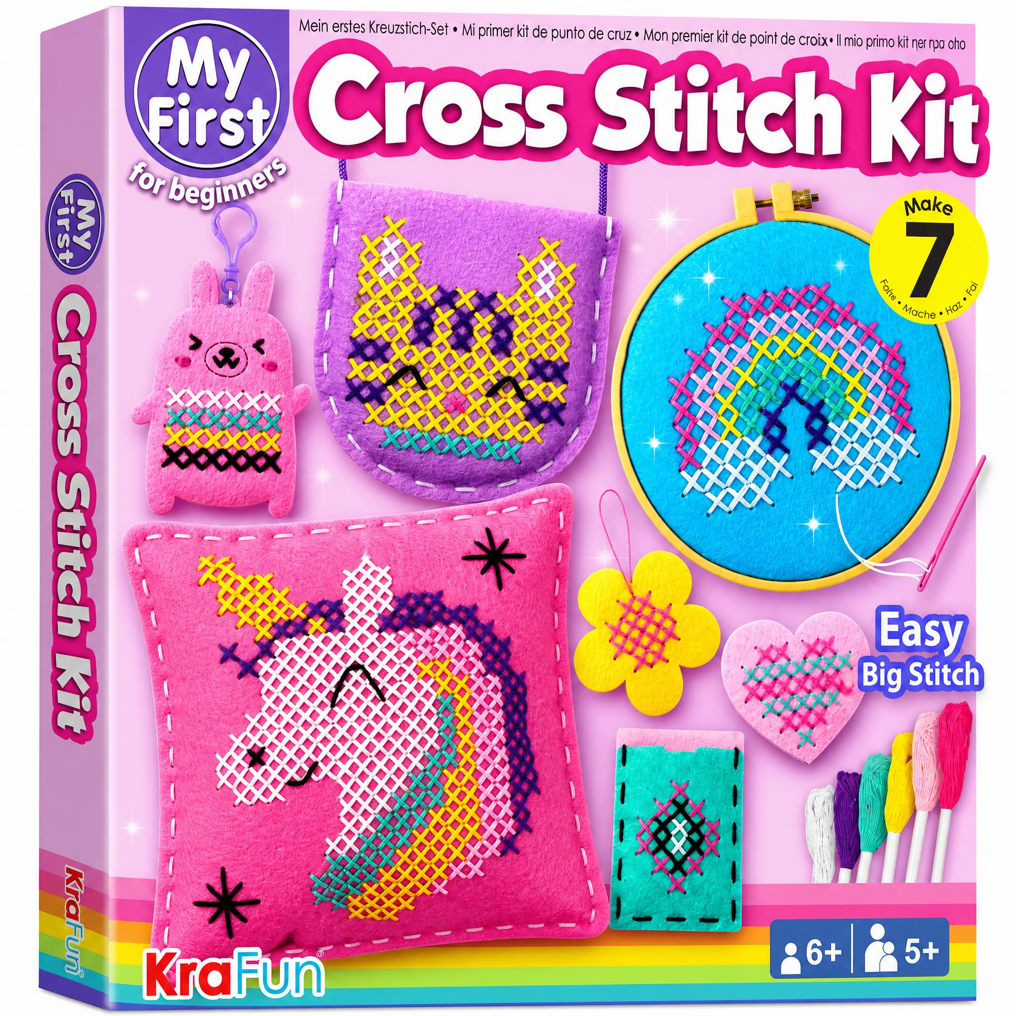 KRAFUN Cross Stitch Kit for Kids Age 5+ | 7 Beginner Projects | 7 embroidery pro
