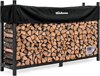 Woodhaven 8-Foot Raised Firewood Rack w/Cover, 1/2 Cord | Made in USA | Heavy-duty steel w/ lifetime structural warranty; elevated for airflow; cover keeps top wood dry while exposed wood seasons
