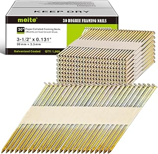 meite 30 Degree Framing Nails 3-1/2 Inch Galvanized Paper-collated 1,000PCS | Offset Round Head Smooth Shank Nails, for 30-34° Pneumatic Cordless Framing Nailer, Wall Studs Decking Sheathing Subflooring