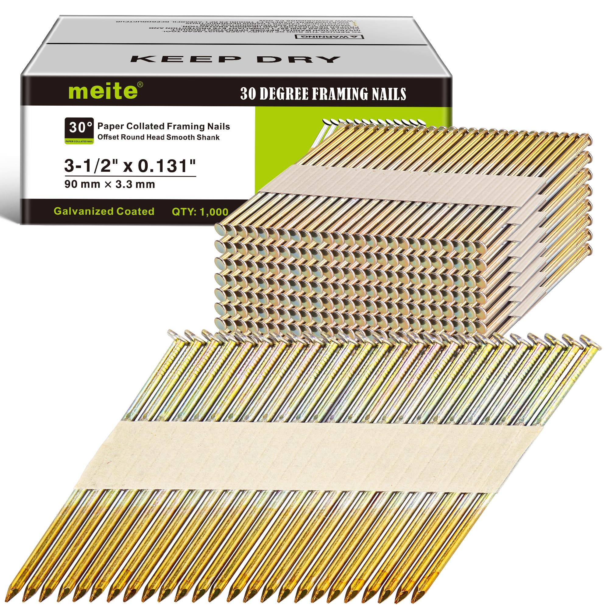 meite 30 Degree Framing Nails 3-1/2 Inch Galvanized Paper-collated 1,000PCS | Of