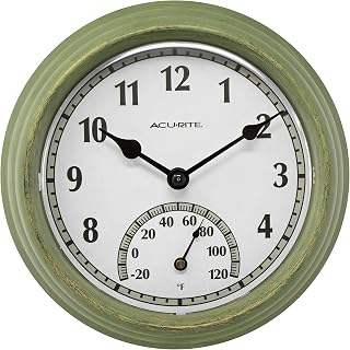 AcuRite 02470 Rustic Green Outdoor Clock with Thermometer, 8.5"