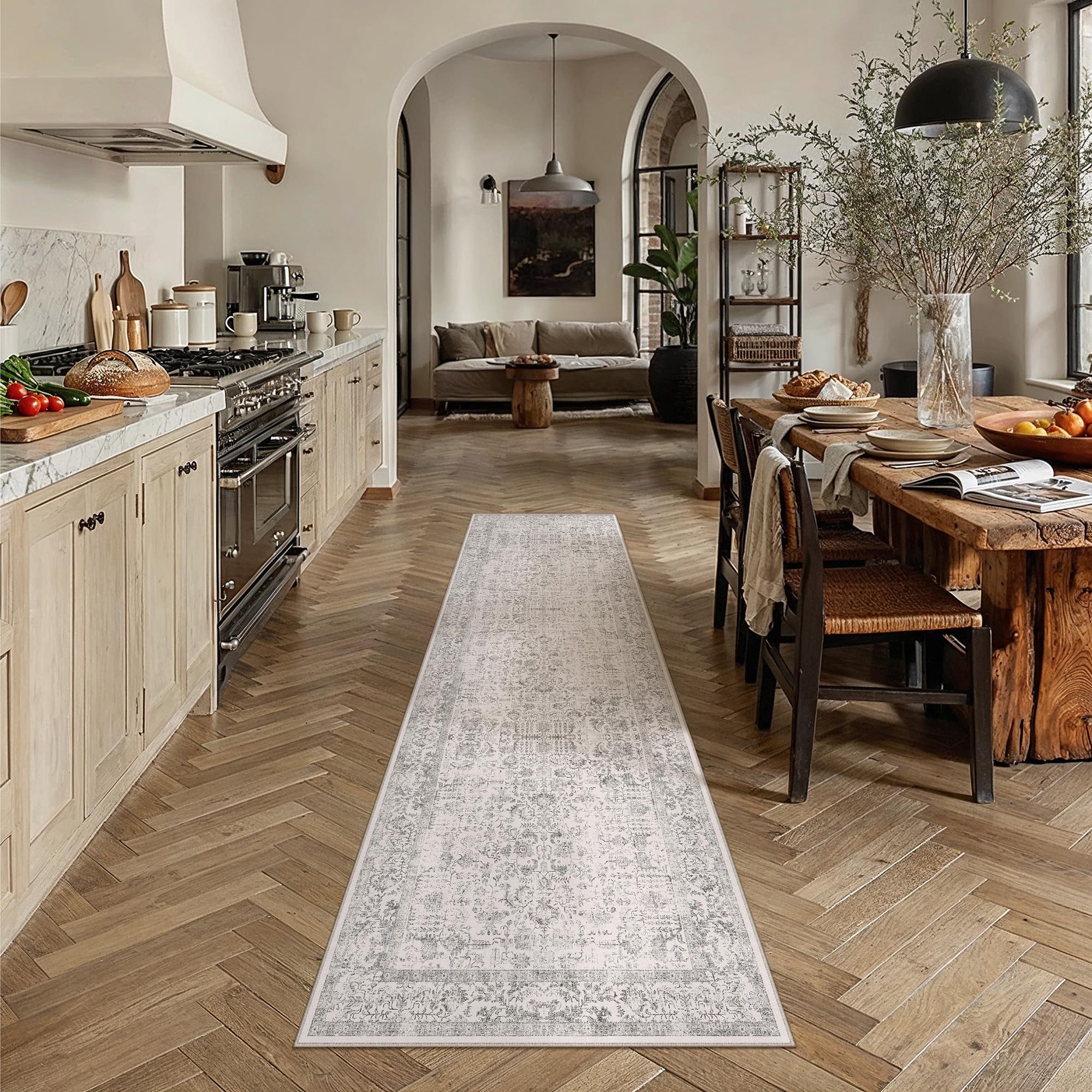 PureCozy 3x10 Washable Runner Rug Grey Vintage Long Hallway Runner