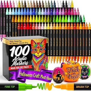 ARTISTRO 100 Acrylic Dual-Tip Glass Marker Pens for Wine Glasses | Brush + Fine Tips Vibrant Paint Pens for Party Charms, Christmas Crafts & Gifts - Stocking Stuffers for Adults, Teens, Kids