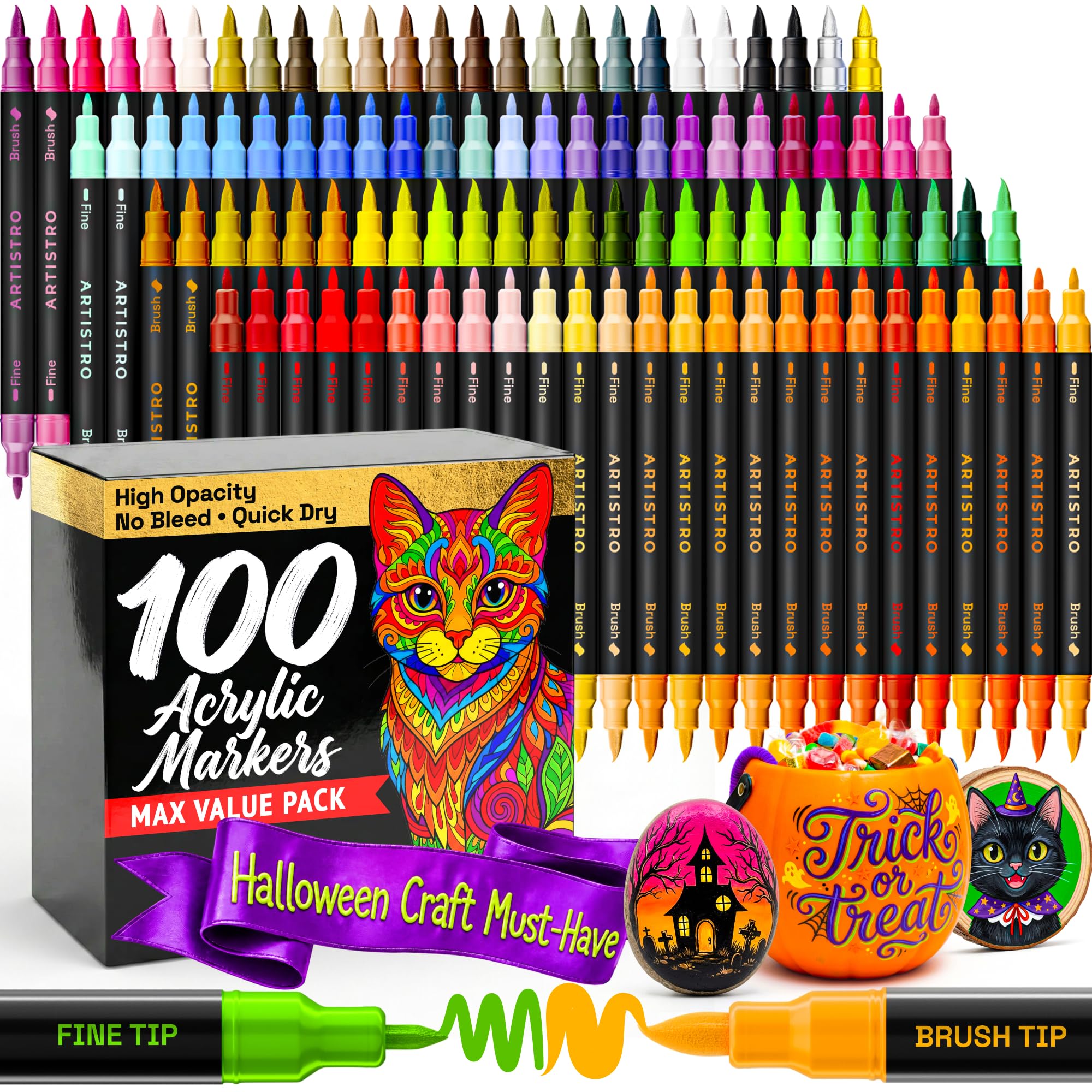 ARTISTRO 100 Acrylic Dual-Tip Glass Marker Pens for Wine Glasses | Brush + Fine 