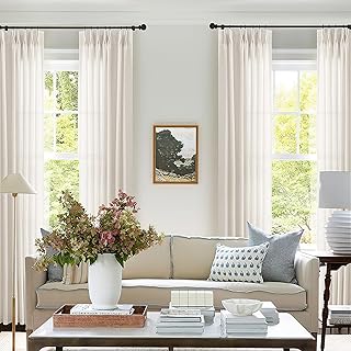 TWODRAPES 40x90 Pinch Pleated Linen Curtain with Hooks Rings Back Tab Cream | for Living Room Bedroom Dining Office, Privacy, Light Filtering, Memory Training, Semi Sheer Linen Drapes, 1 Panel, Natural