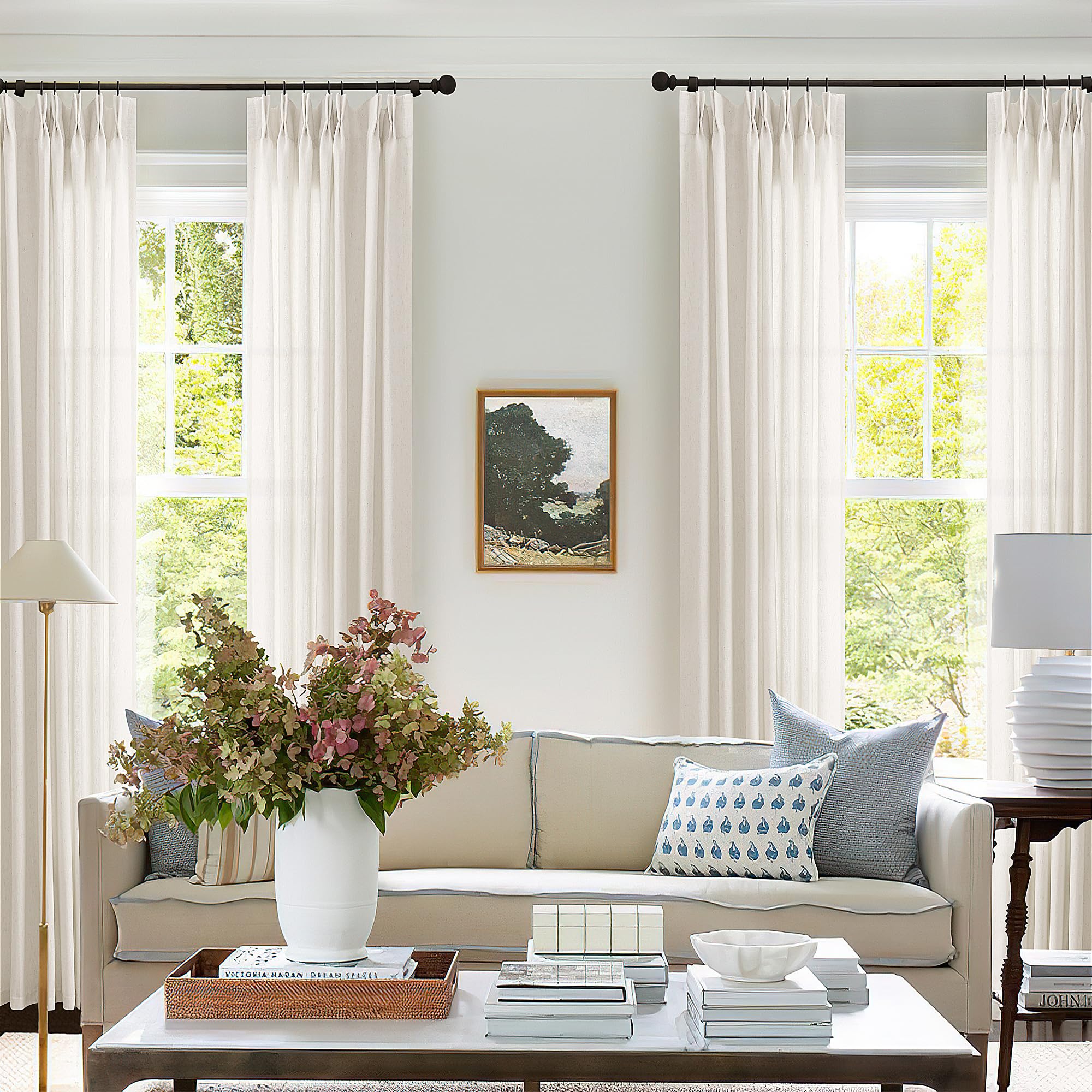 TWODRAPES 40x90 Pinch Pleated Linen Curtain with Hooks Rings Back Tab Cream | fo