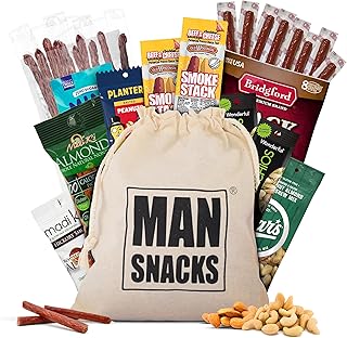 Lingtoolator Deluxe Jerky & Nuts Gift Basket for Men - 20 pc - Large Variety of Beef Jerky, Beef Sticks, Pepperoni Sticks, Cheese Stick, Bacon Garlic Almonds, Peanuts & Corn Nuts, in a Manly Gift Box