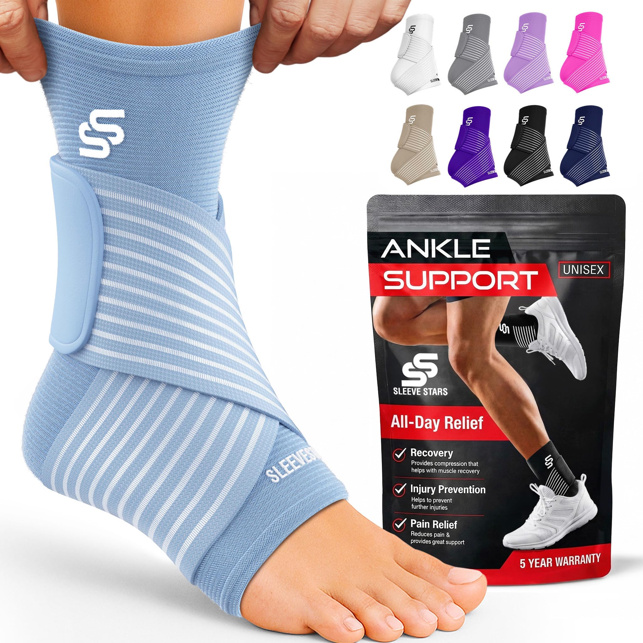 Sleeve Stars Ankle Brace Men & Women Support (Single/M:10"-12"/Light Blue)