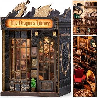 ISSEVE Dragon Library Book Nook Kit, DIY Dollhouse Booknook Bookshelf Decor | For Adults, Teens & Beginners, Miniature House Kit, Book Lovers Gifts, Gift for Him Her, 3D Wooden Puzzle, LED Light