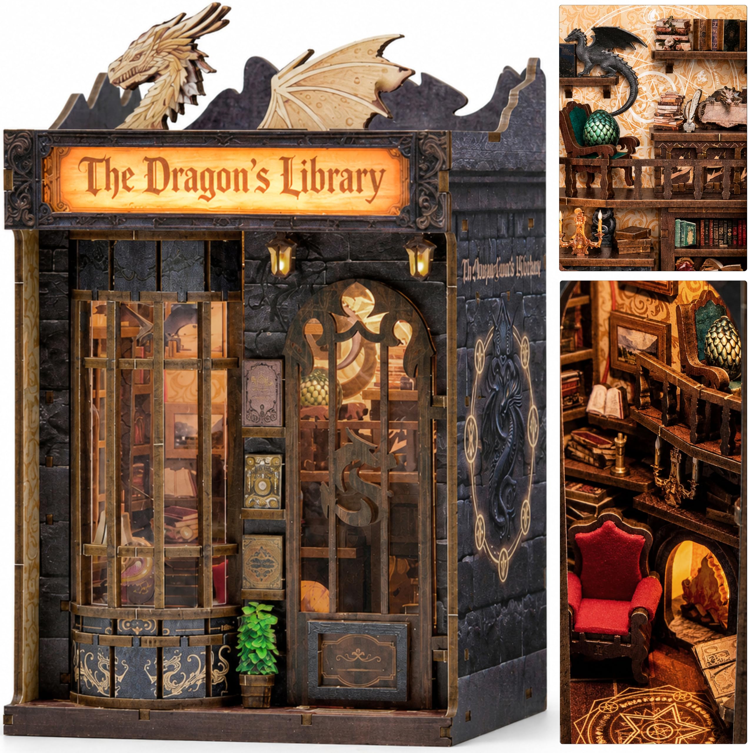 ISSEVE Dragon Library Book Nook Kit, DIY Dollhouse Booknook Bookshelf Decor | Fo