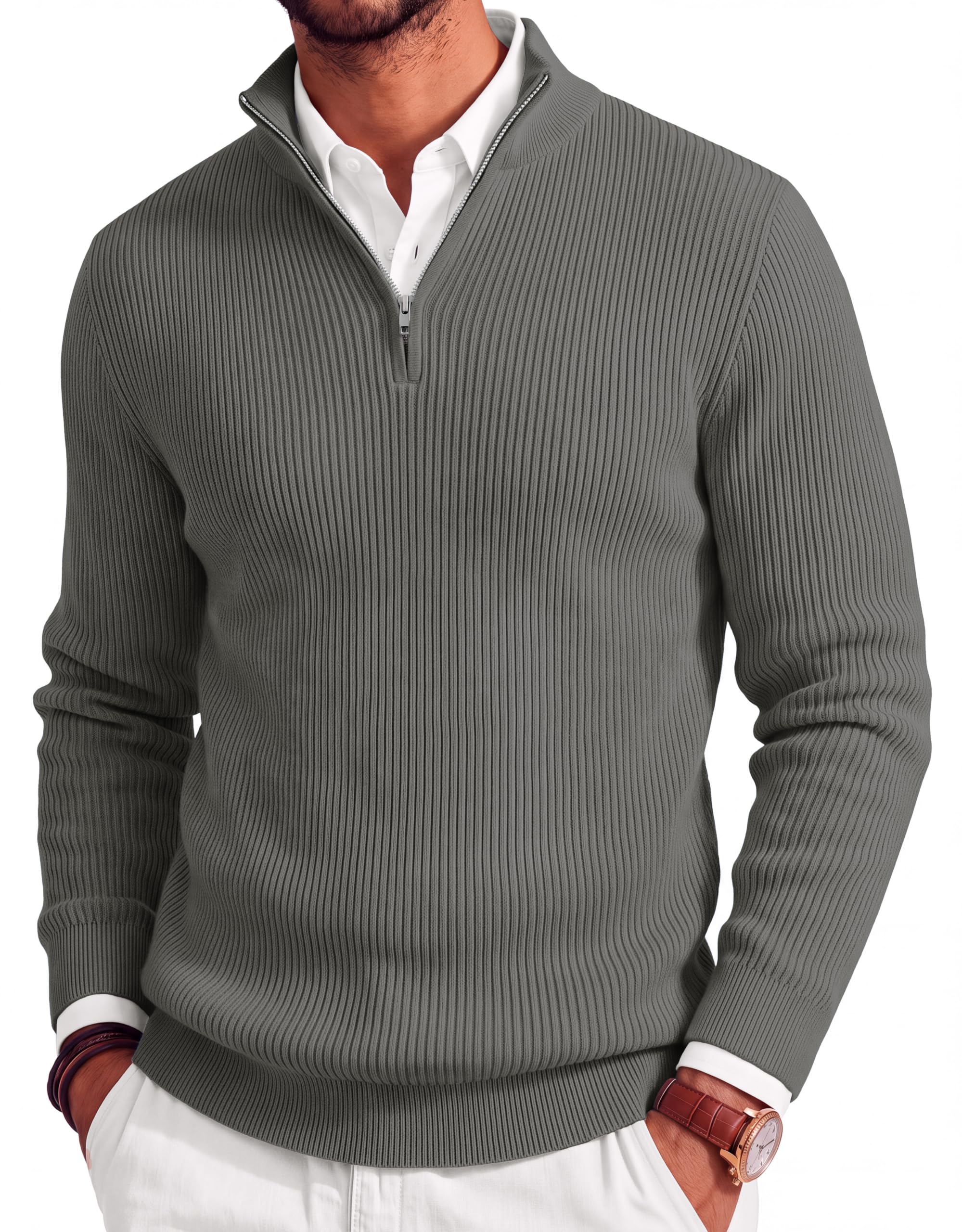 COOFANDY Men's Quarter Zip Sweater Casual Slim Fit Mock Neck Pullover