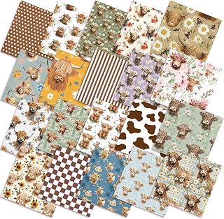 Ganeen 60 Pcs 10 x 10 Inch Vintage Highland Cow Quilting Fabric Squares | Farm Animal Fat Fabric Bundles, Sunflower Cow Precut Patchwork, Plaid Stripes Sewing Materials, Scrapbook DIY Craft Cloth