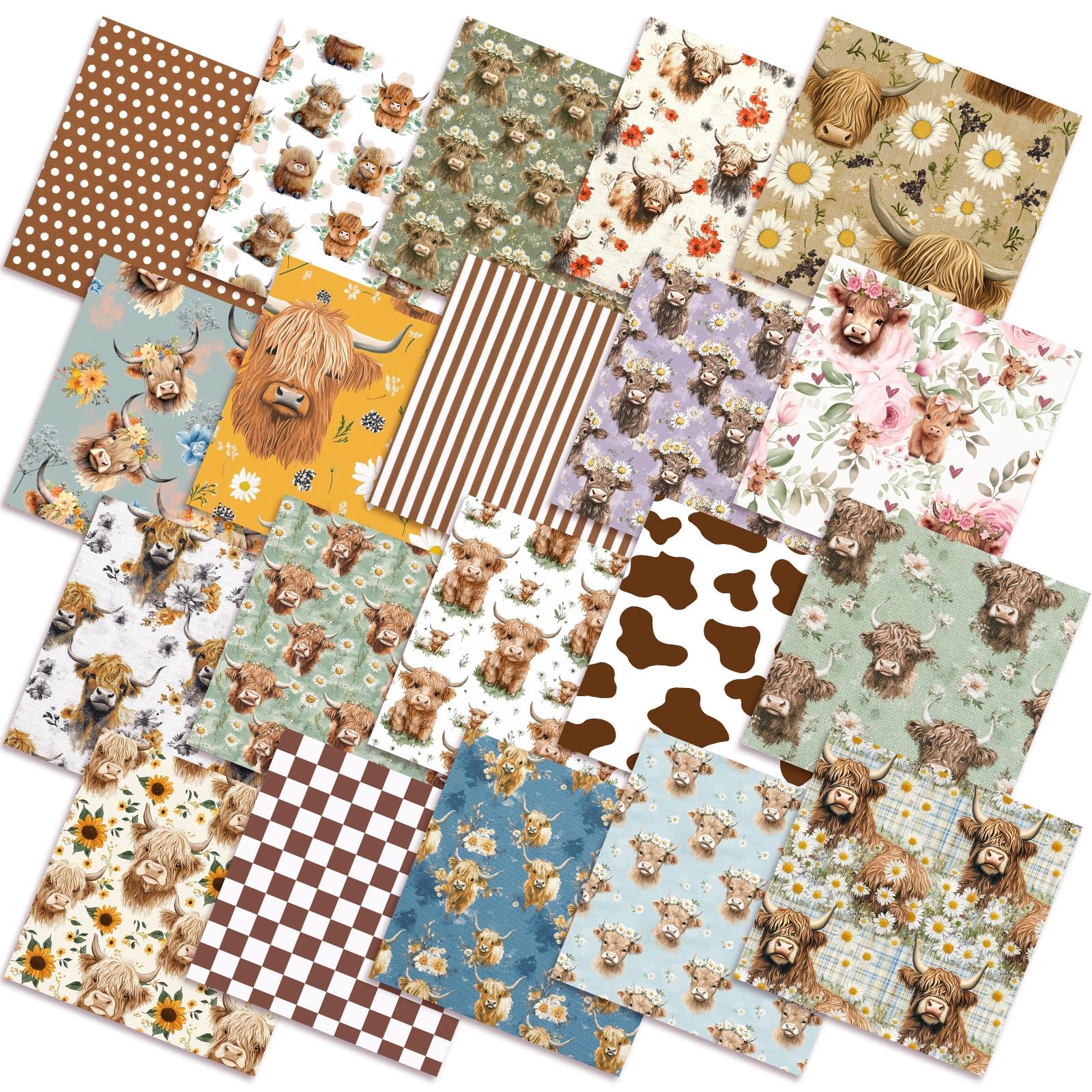Ganeen 60 Pcs 10 x 10 Inch Vintage Highland Cow Quilting Fabric Squares | Farm A
