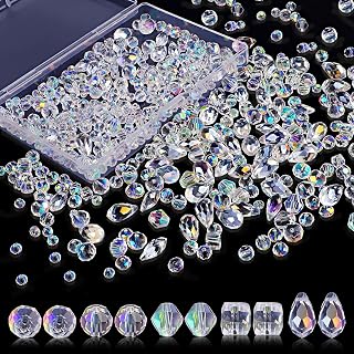Crystal Glass Beads for Jewelry Making, Faceted Beads for Suncatchers | 600 Pcs 4/6/8mm, Iridescent & Sparkly, Bicone, Cube, Teardrop, Round, Bracelet Necklace Craft, with Organizer Box (Clear AB)