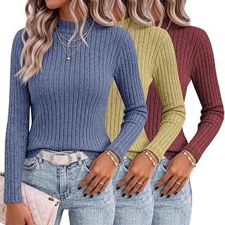 Riyiper 3 Pack Women's Mock Neck Ribbed Knit Casual Sweaters