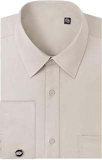 J.VER Camicia da uomo a maniche lunghe con colletto e polsini alla francese, vestibilità standard, con gemelli in metallo, Khaki chiaro , 44 cm Collo 86 cm- 89 cm Manica