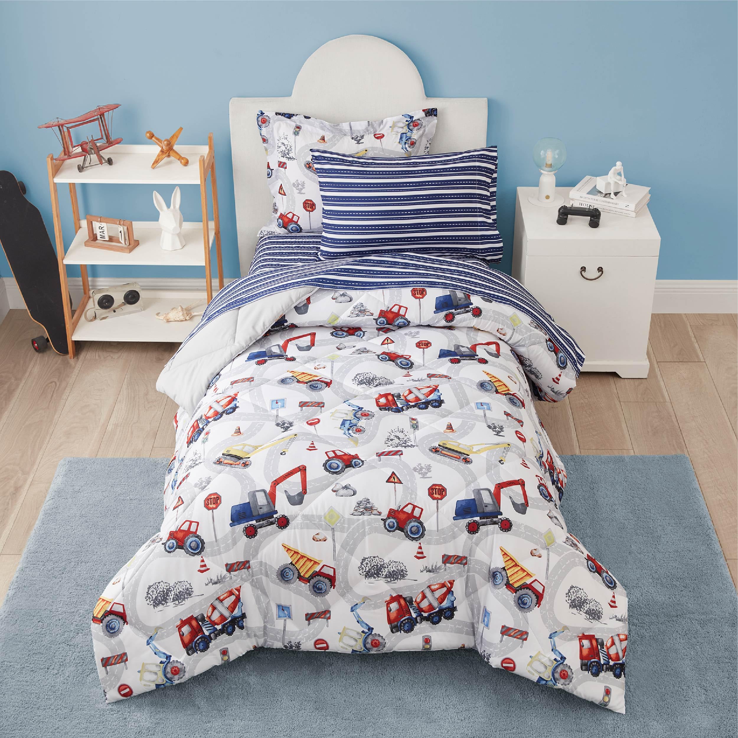 PPOLCA Truck Twin Comforter Set for Boys, 5 Pieces Kids Bedroom Bedding Set with