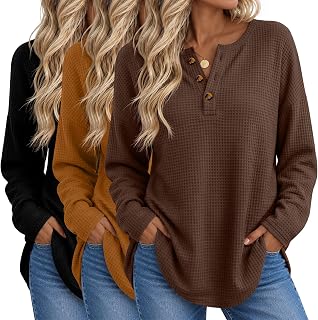 Huukeay 3Pcs Women Waffle Oversized Shirt Henley Long Sleeve Top