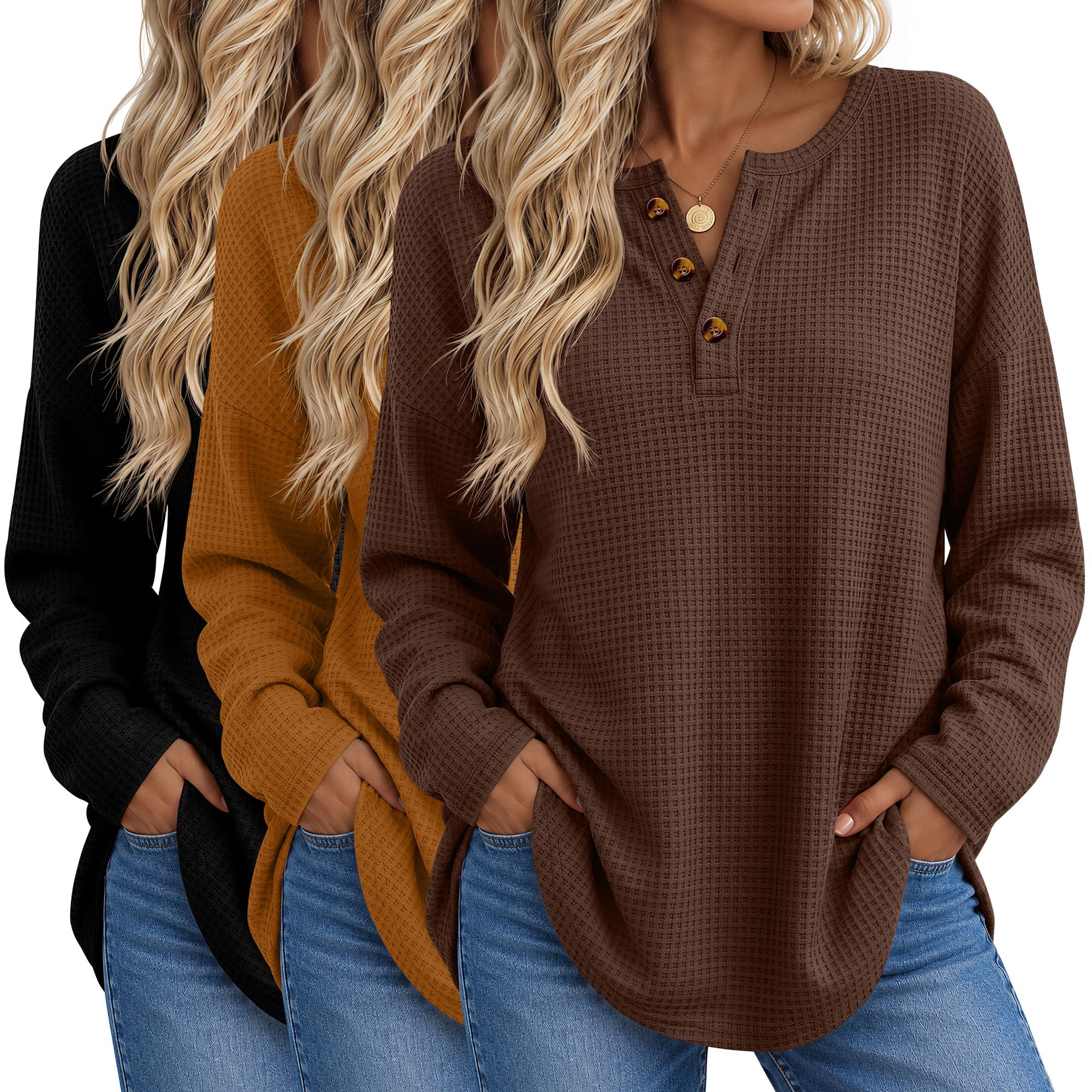 Huukeay 3Pcs Women Waffle Oversized Shirt Henley Long Sleeve Top
