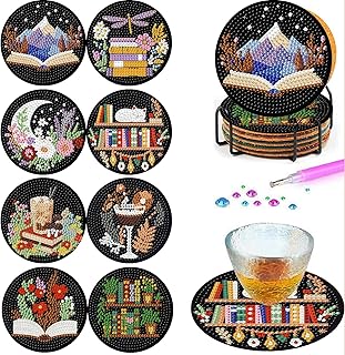 8PCS Bookshelf Diamond Art Coasters for Adults, DIY 5D Bookshelf Wooden Coffee Diamond Painting Coasters with Holder, Non Slip Mosaic Dot Painting Coaster with Cork Pads for Beginners 4x4 Inch