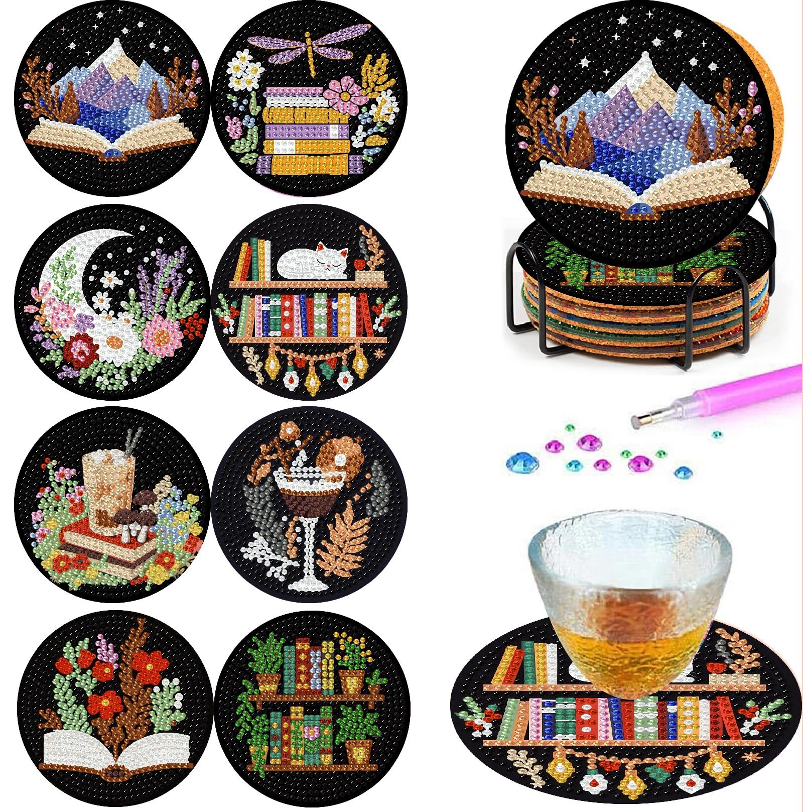 8PCS Bookshelf Diamond Art Coasters for Adults, DIY 5D Bookshelf Wooden Coffee D