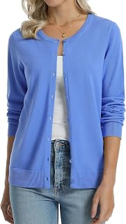 QUALFORT Women's Cardigan 100% Cotton Lightweight Long Sleeve Knitted Button Down Sweater