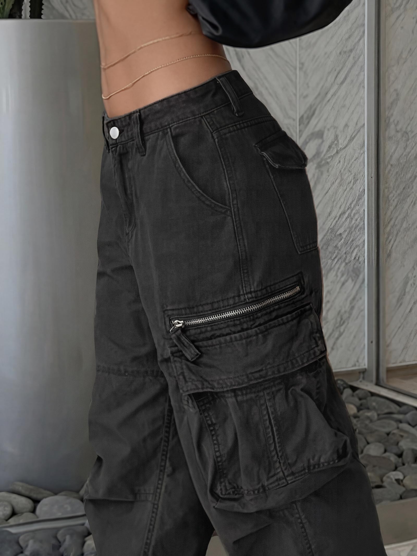 EMMIOL Jeans cargo larghi vintage lavati, 1-nero, L