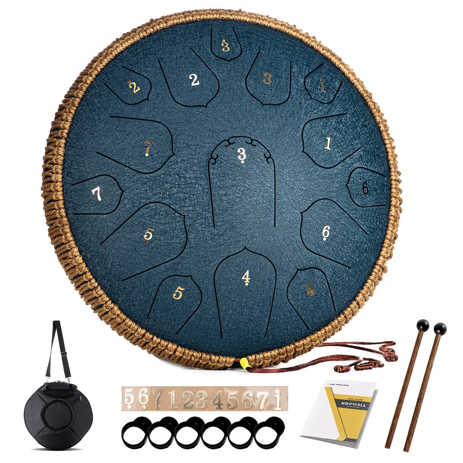 HOPWELL Steel Tongue Drum - 14 Inch 15 Note Tongue Drum - Hand Pan Drum with Mus