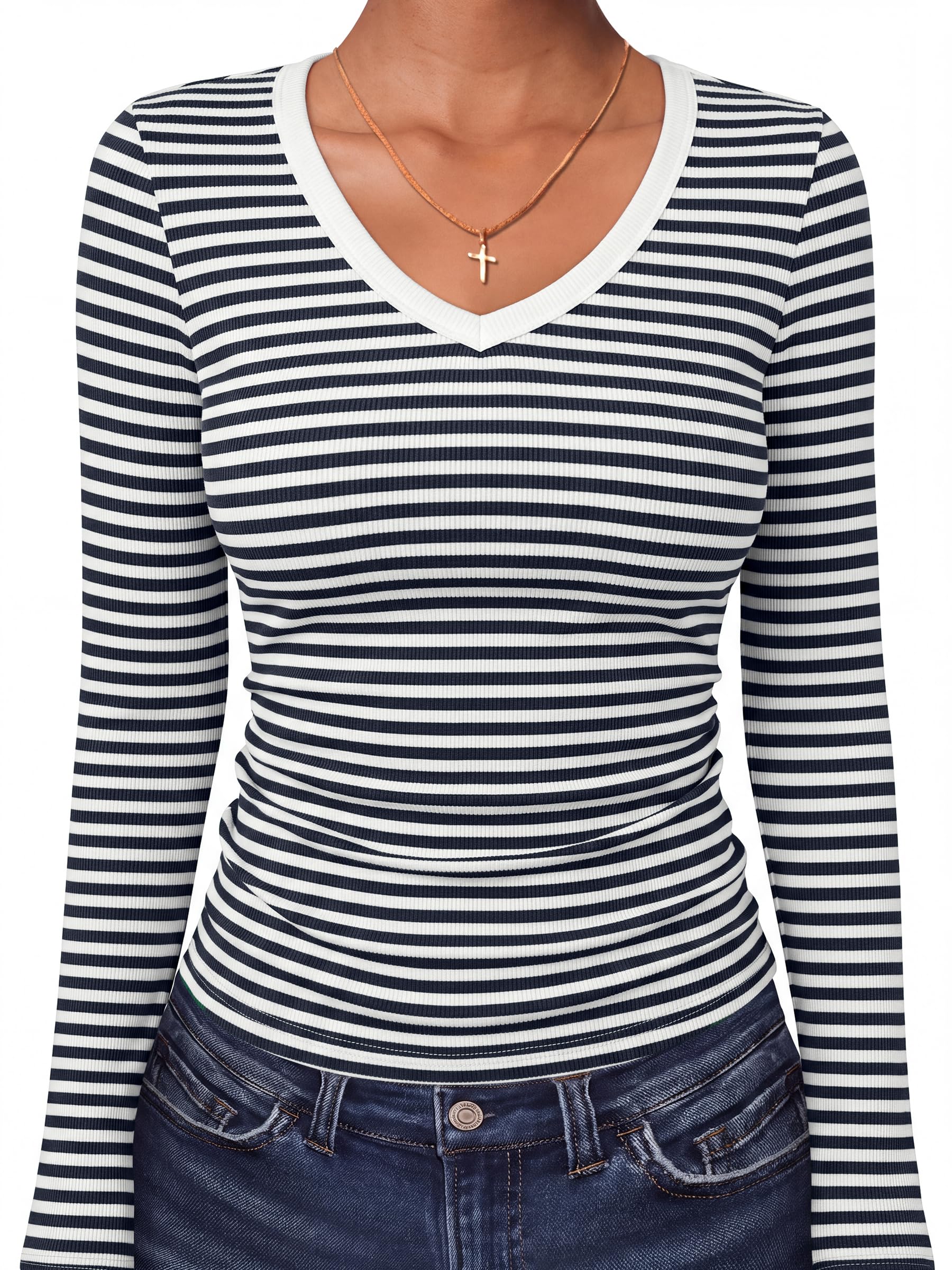 ANRABESS Long Sleeve Shirts for Women V Neck Ribbed Knit Fitted Fall Basic Tshir
