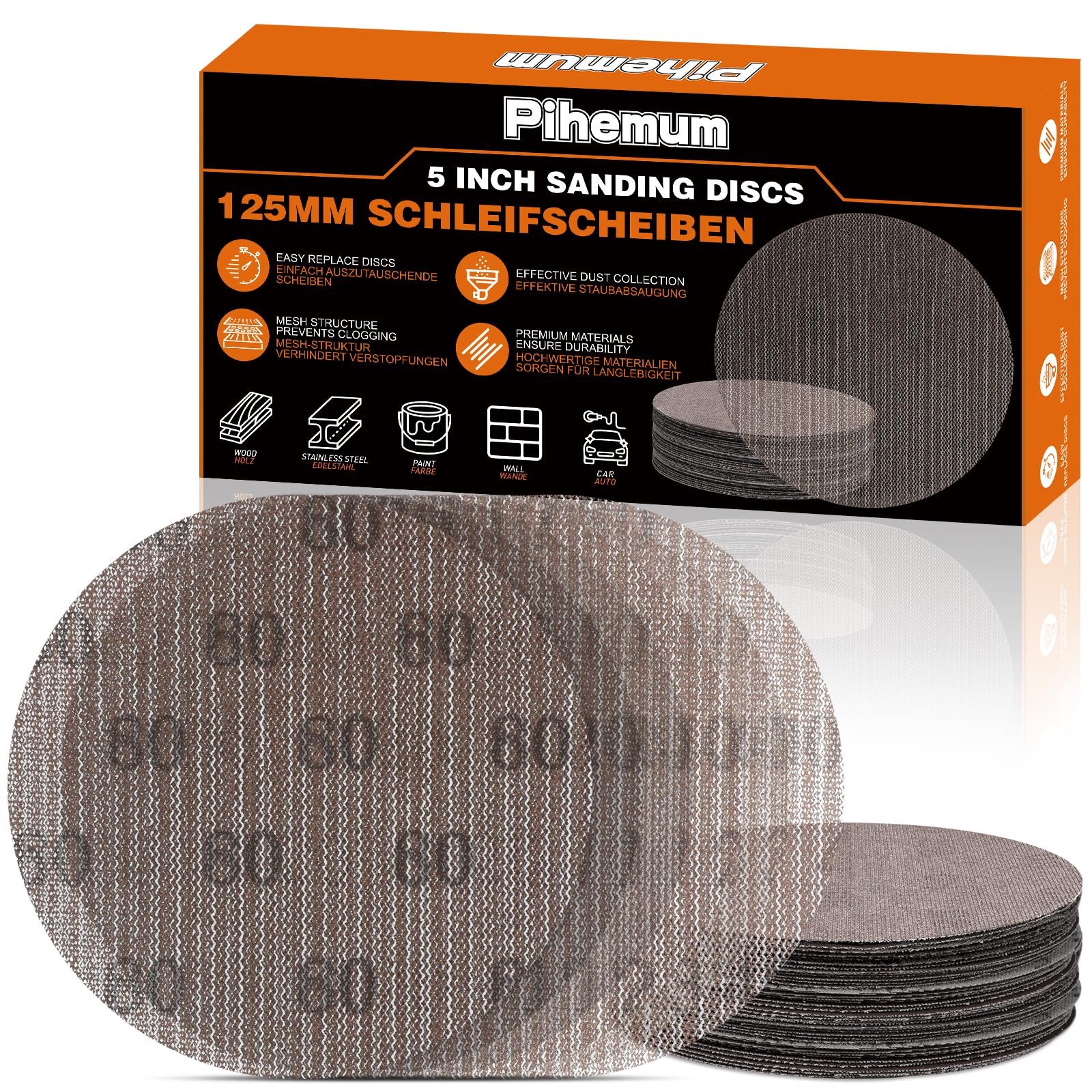 pihemum 60 Pcs Mesh Sanding Discs 125mm 80-400 Grit | Hook and Loop Alumina Net 