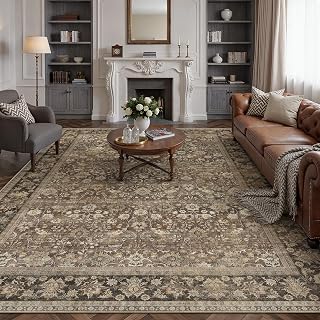 Hugear 8x10 Brown Vintage Large Area Rug | Washable, Non Slip, Low Pile, Soft, Neutral, Distressed, Floral, Farmhouse, for Living Room Bedroom Dining Room Office