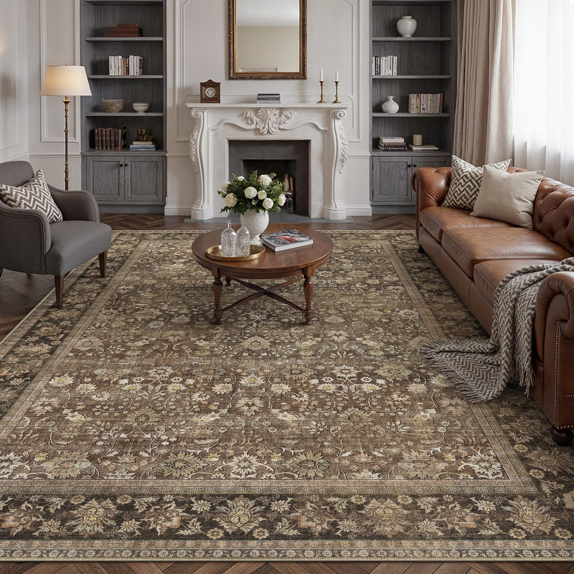 Hugear 8x10 Brown Vintage Large Area Rug | Washable, Non Slip, Low Pile, Soft, N