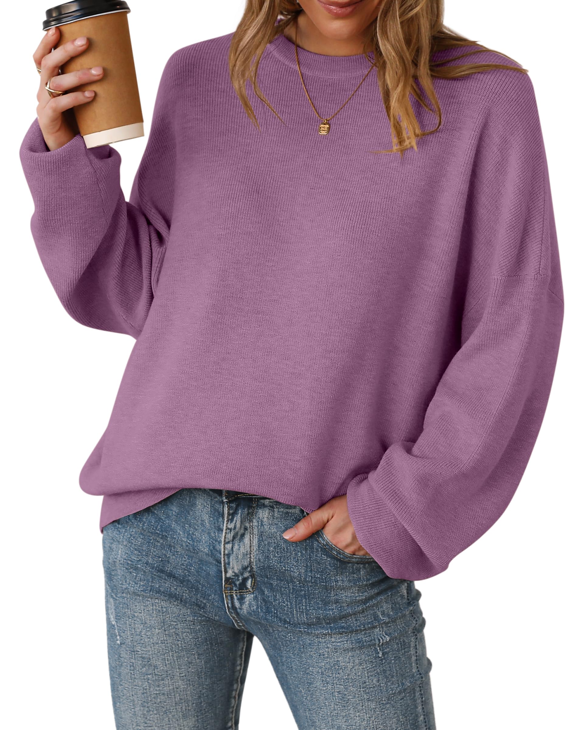 Arach&Cloz Women's Oversized Wool Blend Pullover Autumn Winter Round Neck Long S