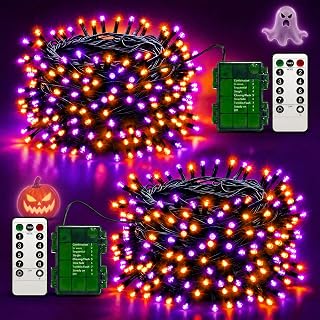 Halloween Lights Outdoor Remote,Orange Purple Fairy Light Battery Operated | 2 Pack Total 10M 100LED, String Lights Indoor, 8 Modes, Timer, IP65 Waterproof for Tree Garden Halloween Decorations