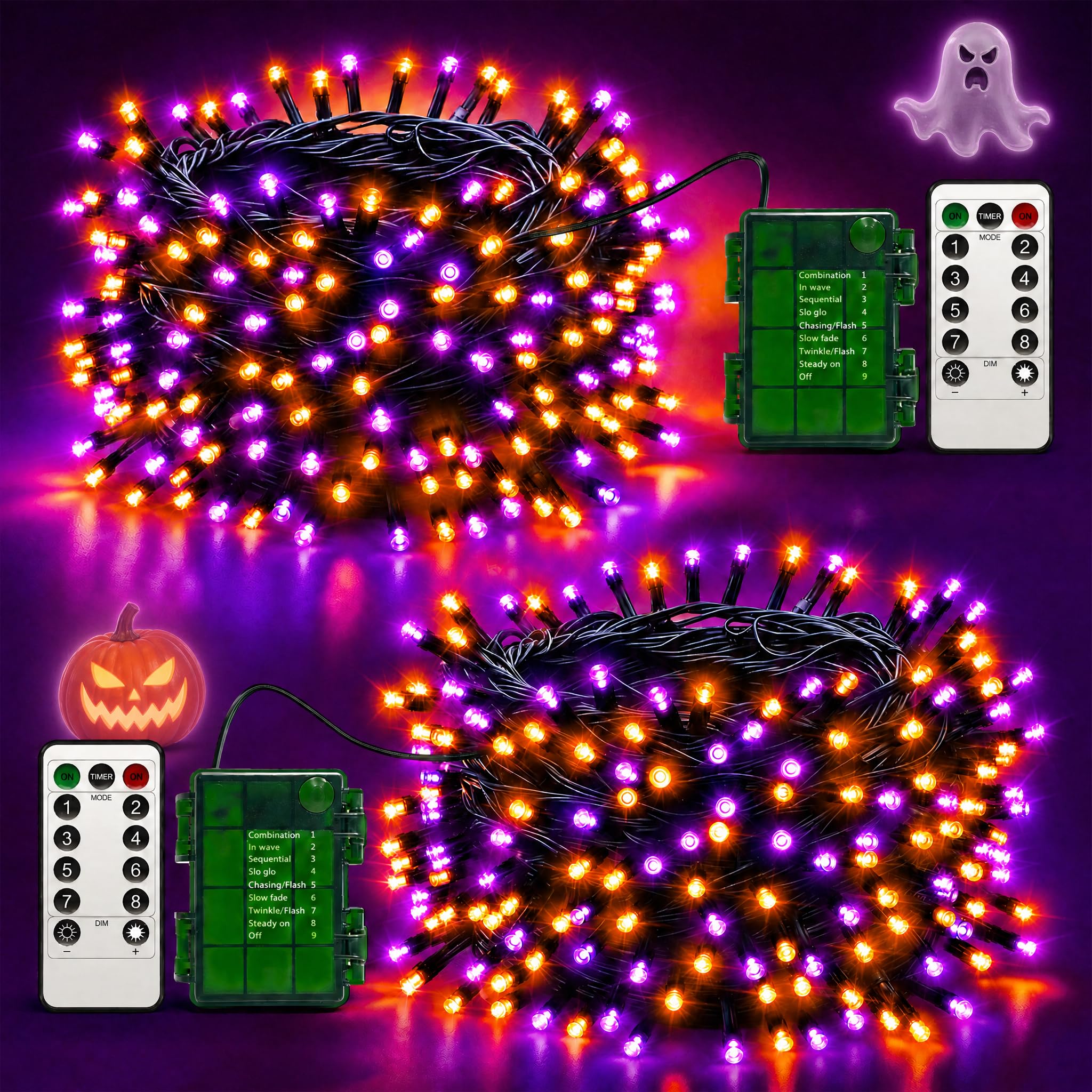 Halloween Lights Outdoor Remote,Orange Purple Fairy Light Battery Operated | 2 P