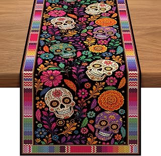 Dia De Los Muertos Decoration, Sugar Skull Day of the Dead Table Runner | 14x84” Linen Dia De Los Muertos Decoration, Day of the Dead Altar Decoration for Home Kitchen Dining, Mexican Table Decor