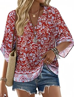 Zeagoo Women's Summer Bohemian Style V-Neck Elegant Tunic Top Floral Casual Loose T-Shirt S-XXL