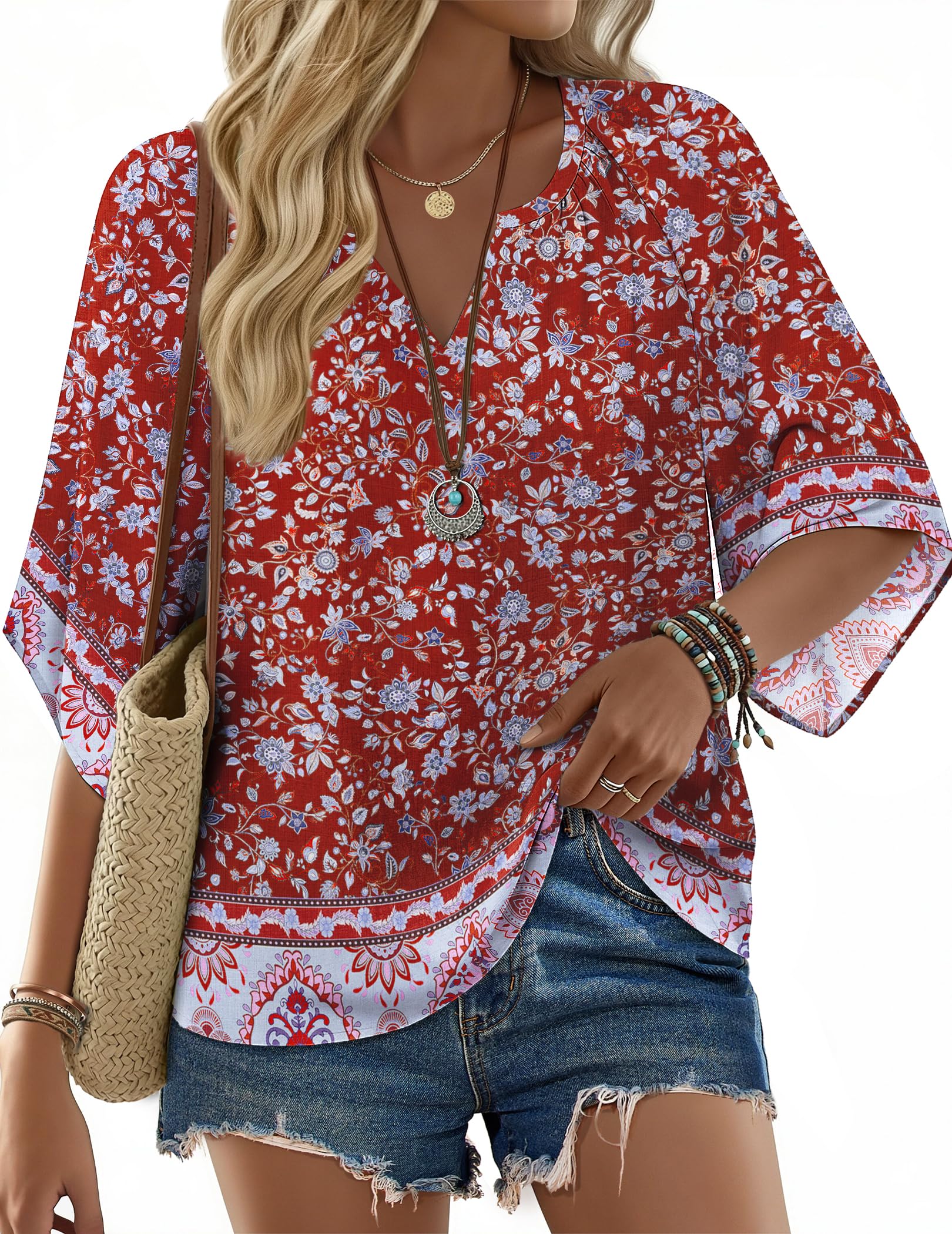 Zeagoo Women's Summer Bohemian Style V-Neck Elegant Tunic Top Floral Casual Loos