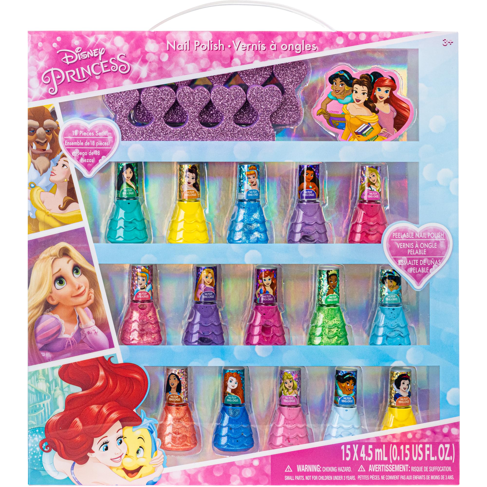 Disney Princess Nail Polish Set, 15-Piece Peel-Off with Toe Spacers