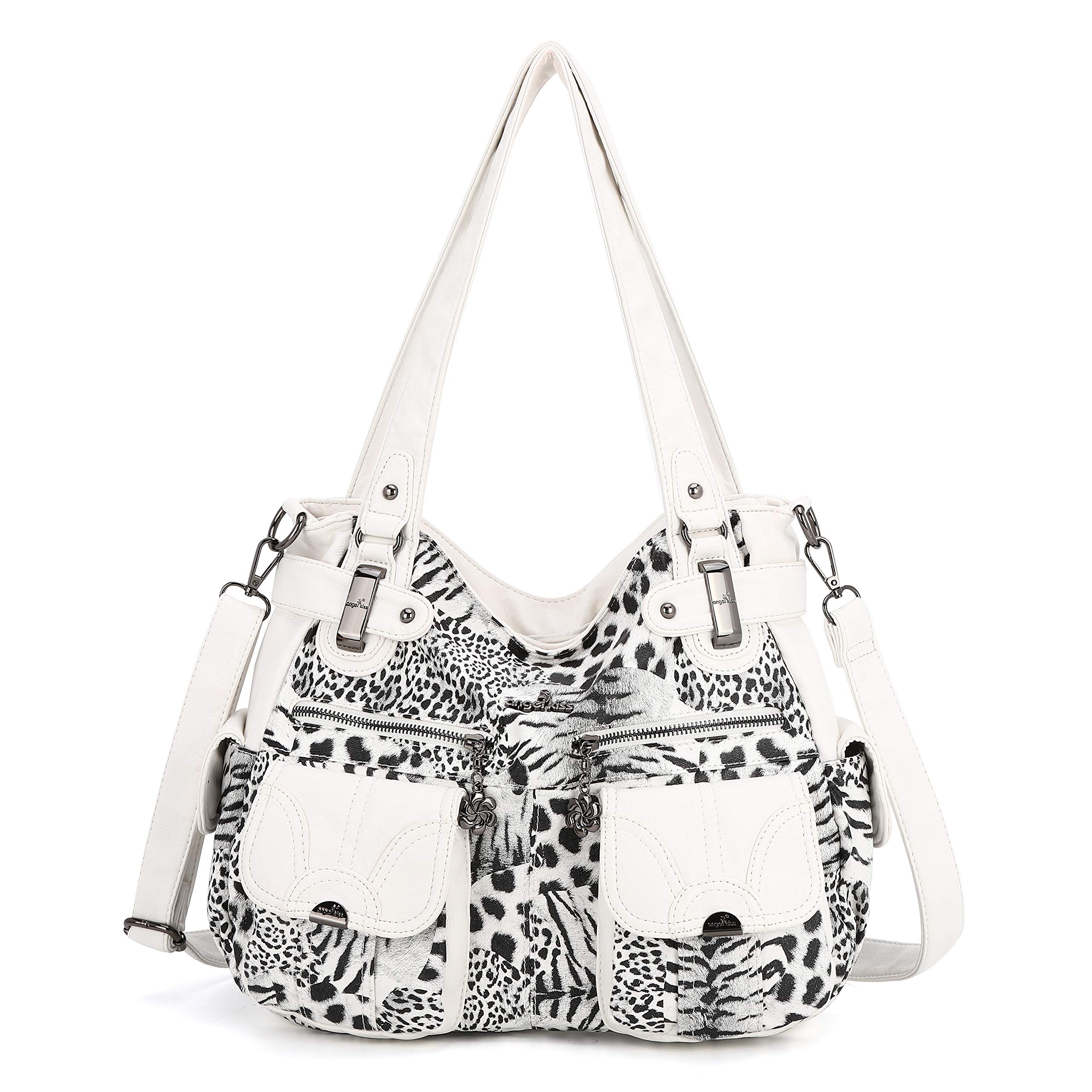 Angel Kiss Women's Designer Handbag Large Double Zipper Multi Pocket Washed Leat