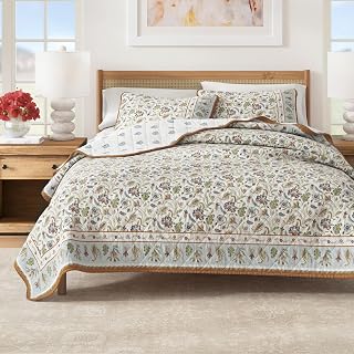 Great Bay Home Floral Cotton Quilt Set - 3-Piece Full/Queen Size Spring Boho Bedding Set - Lightweight, All-Season, Reversible Bedspread (Regal Garden - Ivory)