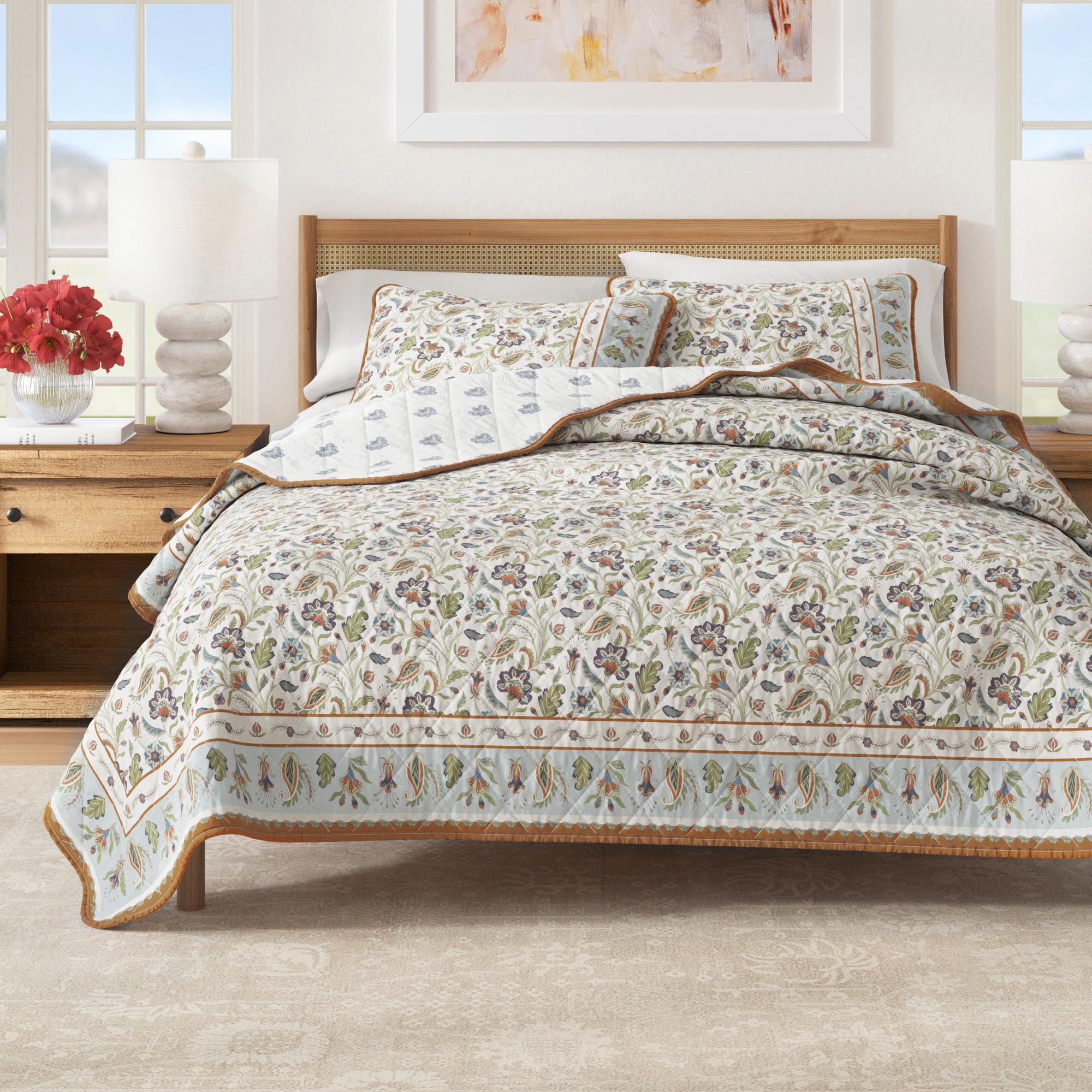 Great Bay Home Floral Cotton Quilt Set - 3-Piece Full/Queen Size Spring Boho Bed