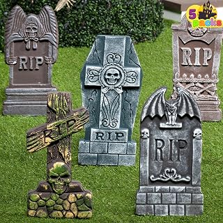 JOYIN 17” Halloween Foam RIP Graveyard Tombstones (5 Pack), Halloween Tombstones Outdoor Decorations for Graves Decorations with 12 Metal Stakes for Cemetery Yard Lawn Party Decor